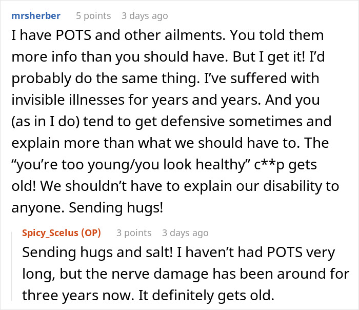 Reddit comments about invisible illnesses and age assumptions regarding disabilities.