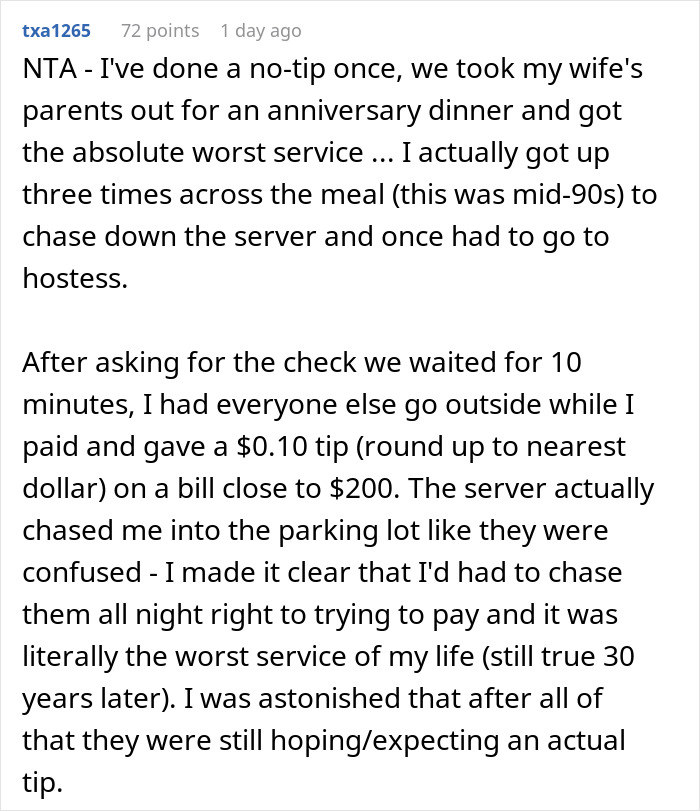 Text post about receiving poor service and leaving a minimal tip. Text post about receiving poor service and leaving a minimal tip.
