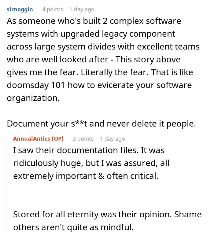 Discussion on software documentation importance and management issues leading to chaos.