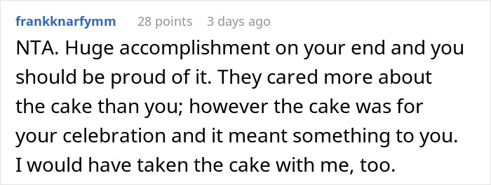 Comment discussing a woman's sobriety milestone, emphasizing lack of family support and importance of personal celebration. Comment discussing a woman's sobriety milestone, emphasizing lack of family support and importance of personal celebration.