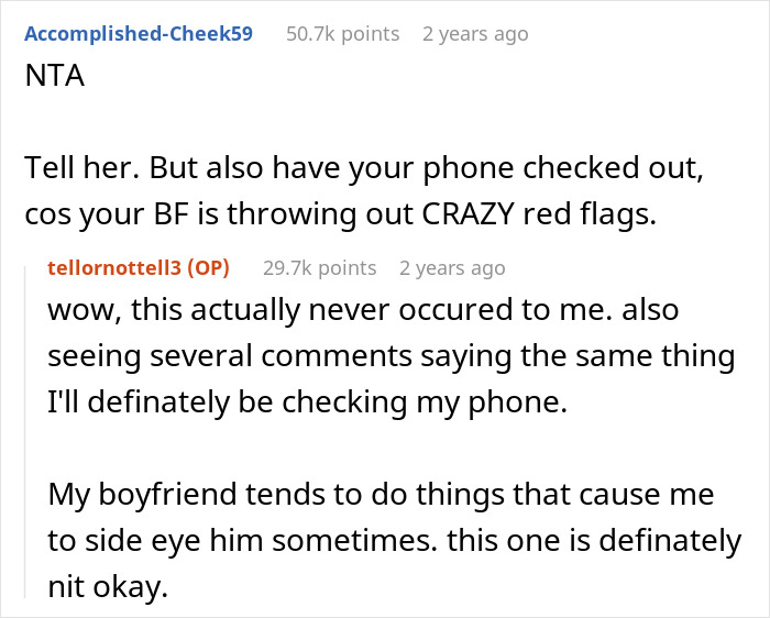 Reddit comments discussing relationship advice and trust issues with a boyfriend. Reddit comments discussing relationship advice and trust issues with a boyfriend.