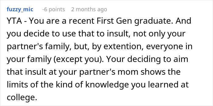 Comment discussing a recent first-generation college graduate's behavior toward family.