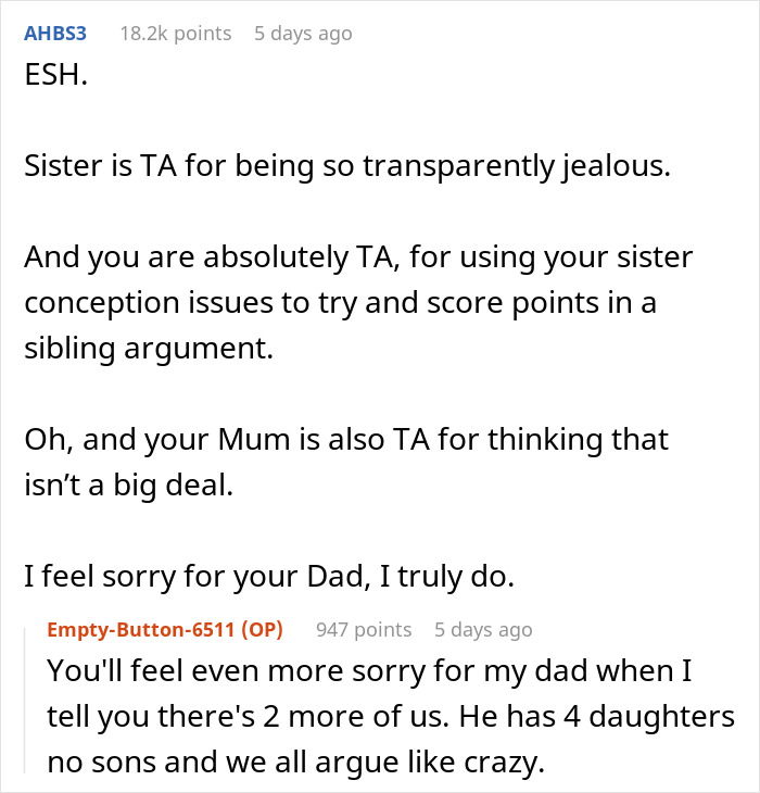 Reddit comment discussing conflict over sister's conception issues. Reddit comment discussing conflict over sister's conception issues.