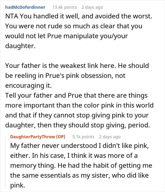 Text conversation discussing pink-themed party failure for a child who dislikes pink.