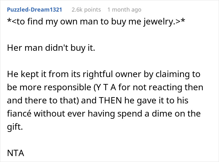 Comment discussing a family feud over a family heirloom, involving responsibility and rightful ownership.
