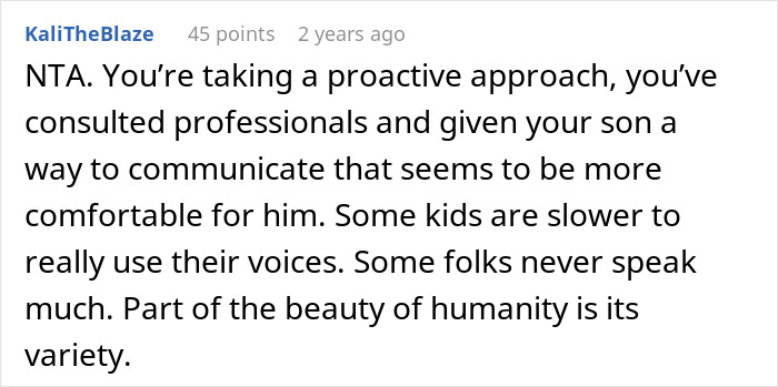Screenshot of a supportive comment defending a non-talkative 3-year-old, mentioning proactive steps by the mom. Screenshot of a supportive comment defending a non-talkative 3-year-old, mentioning proactive steps by the mom.