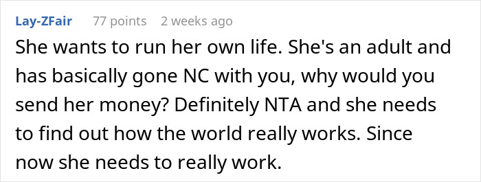 Comment about 18YO expecting dad's financial support, despite independence.