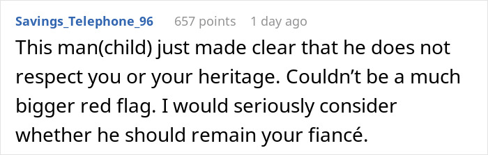 Comment criticizing a man for making a racist joke about his girlfriend's upbringing, questioning respect for her heritage. Comment criticizing a man for making a racist joke about his girlfriend's upbringing, questioning respect for her heritage.