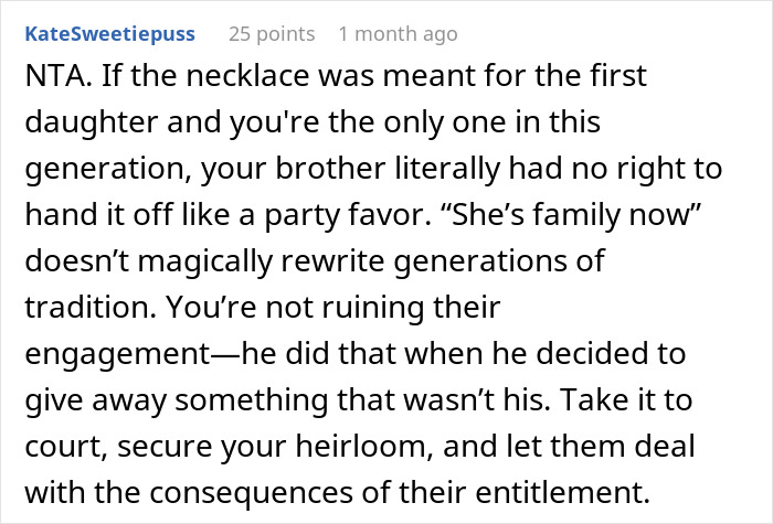 Text exchange discussing a family feud over a necklace heirloom and legal actions to reclaim it.