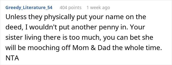 Comment discussing family mortgage issues when a jobless sister moves in.
