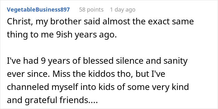 Comment discussing a brother's similar remark about babysitting, with user reflecting on 9 years of change. Comment discussing a brother's similar remark about babysitting, with user reflecting on 9 years of change.