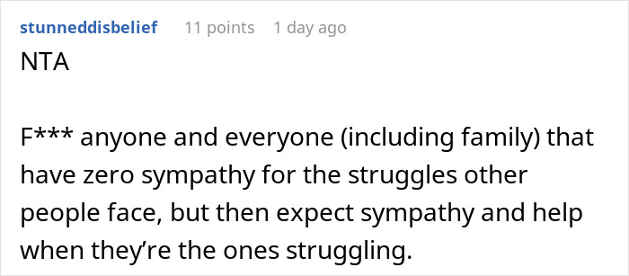 Reddit comment on not watching sister’s kids, emphasizing lack of sympathy in family struggles. Reddit comment on not watching sister’s kids, emphasizing lack of sympathy in family struggles.