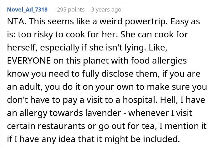 Reddit comment discussing a sister-in-law’s alleged new food allergy at every dinner. Reddit comment discussing a sister-in-law’s alleged new food allergy at every dinner.