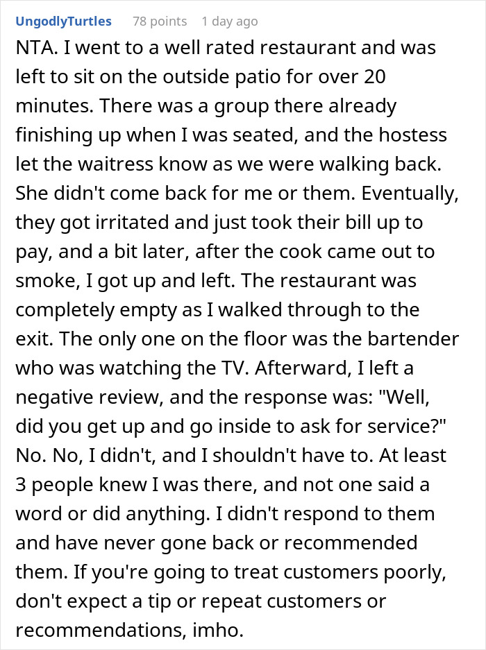 Text of a negative restaurant experience due to inattentive staff and lack of a tip. Text of a negative restaurant experience due to inattentive staff and lack of a tip.