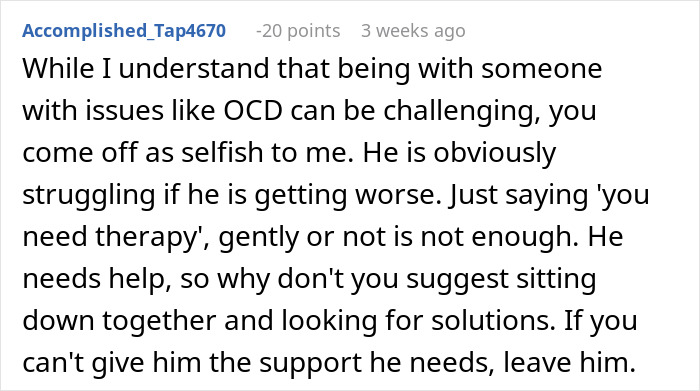 Reddit comment about partner OCD challenges and needing support.