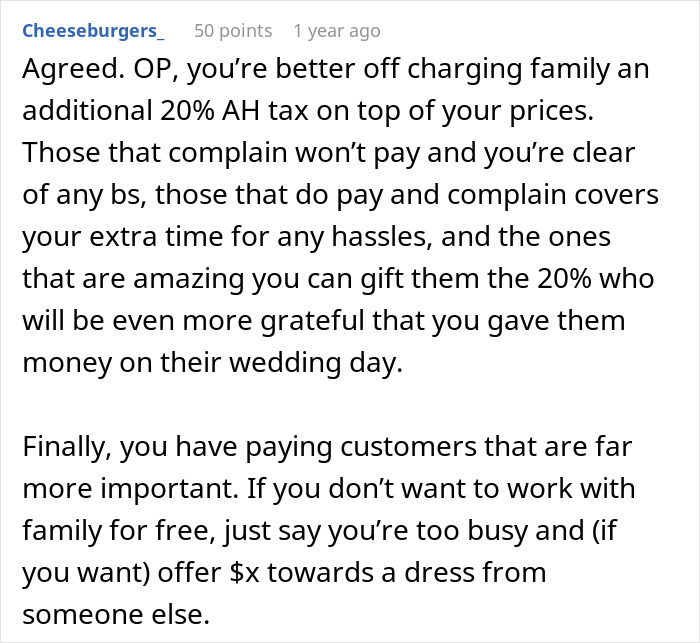 Screenshot of a comment discussing a bridal shop owner's dilemma about making a wedding dress for free.