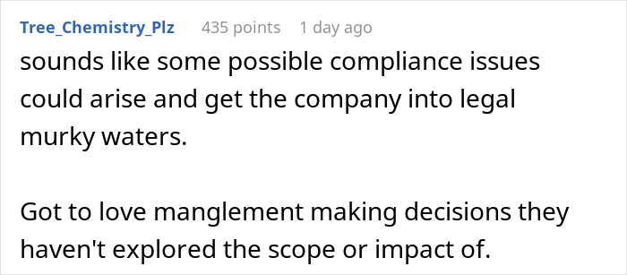 Text comment on management issues leading to potential compliance problems and unconsidered decisions.