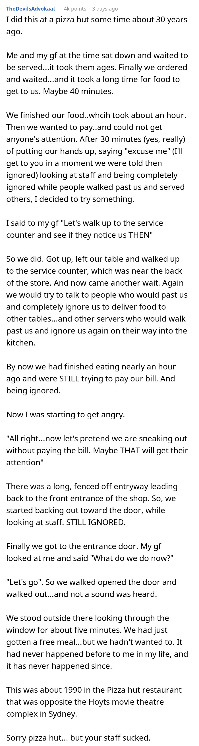Reddit post recounting a dine and dash experience due to a 40-minute wait at a Pizza Hut in 1990, Sydney.