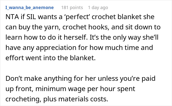 Comment discussing demands for a perfect handmade gift and labor appreciation. Comment discussing demands for a perfect handmade gift and labor appreciation.