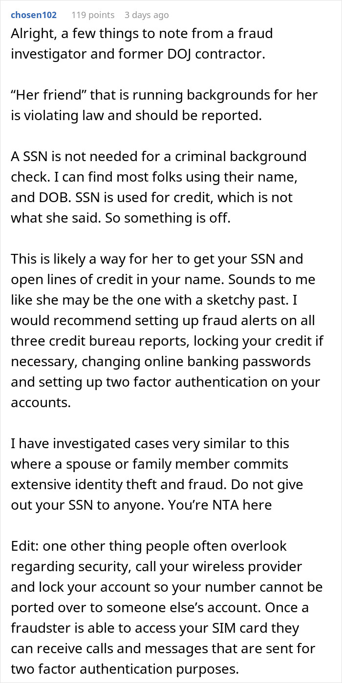 Text discussing fraud investigation related to a girlfriend wanting her boyfriend's social security number for a background check. Text discussing fraud investigation related to a girlfriend wanting her boyfriend's social security number for a background check.