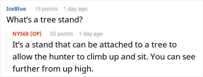 Comment thread discussing what a tree stand is for hunting on private land.