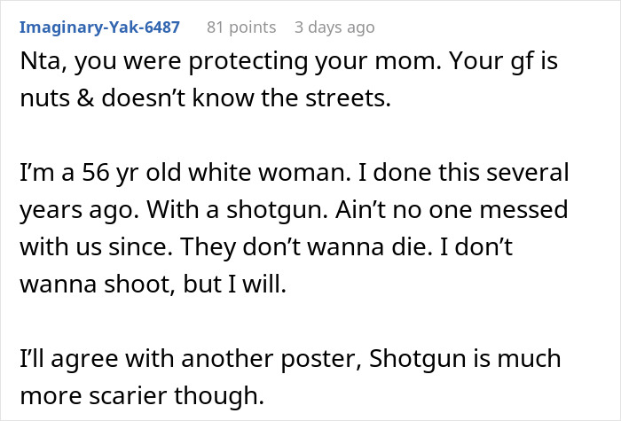 Reddit comment discussing self-defense, mentioning use of a gun to deter intruders.