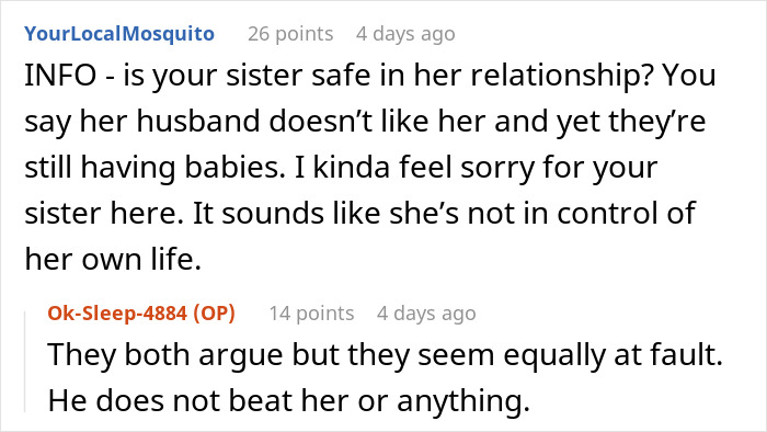 Reddit comments discussing sister's relationship stability and concerns about her control over her life.