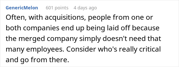 Reddit comment discussing layoffs during company acquisitions.