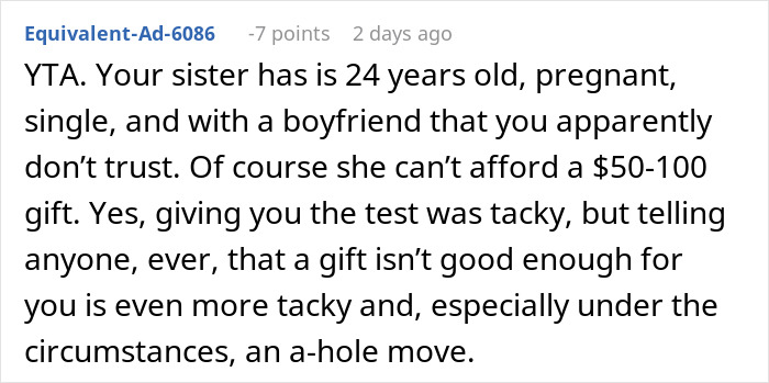 Comment about a sister's pregnancy announcement not being an adequate Christmas gift, sparking an emotional response. Comment about a sister's pregnancy announcement not being an adequate Christmas gift, sparking an emotional response.