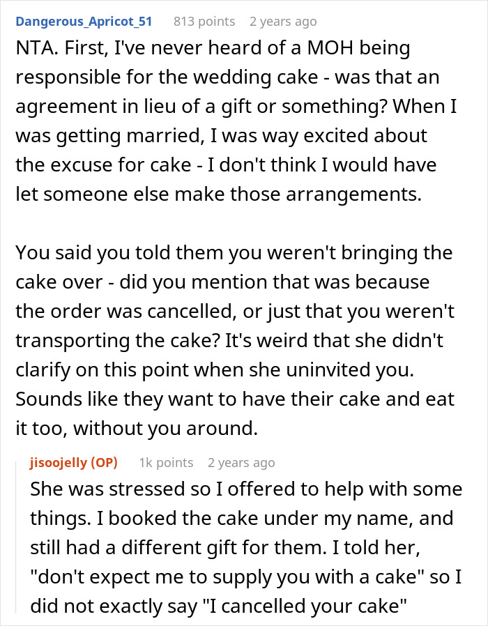 Reddit comments discussing a canceled wedding cake order due to the bride uninviting her ex-BFF.
