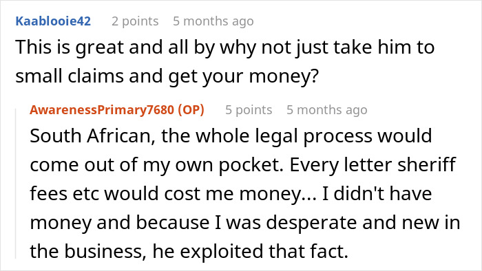 Online forum discussion on getting revenge when a client doesn't pay, highlighting legal cost concerns and exploitation.