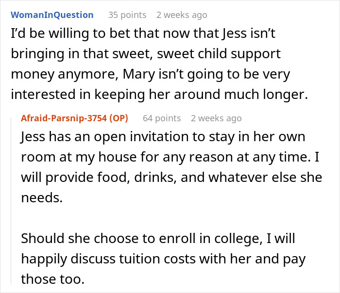 Reddit conversation about an 18YO with a parent offering support despite accusations of being a deadbeat.