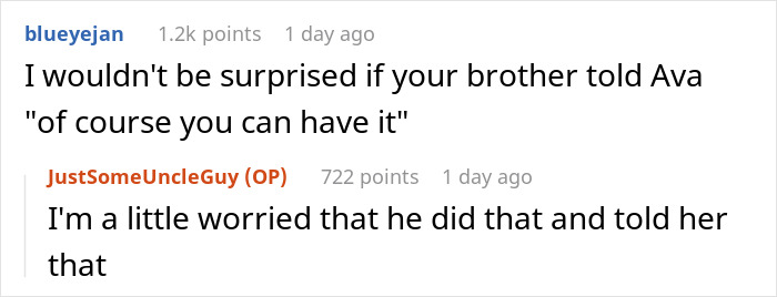 Reddit comments about the replica house gift dilemma between the brother and his daughter. Reddit comments about the replica house gift dilemma between the brother and his daughter.