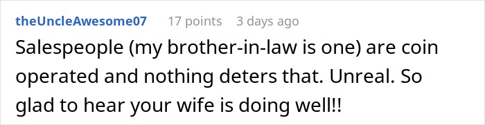 Reddit comment about salespeople being coin operated, mentions brother-in-law and wife's well-being.