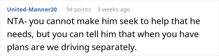 Comment on a Reddit post discussing OCD and relationship dynamics, emphasizing independent travel arrangements.
