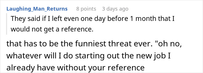 A comment about job notice period, referencing leaving before one month impacting a reference.