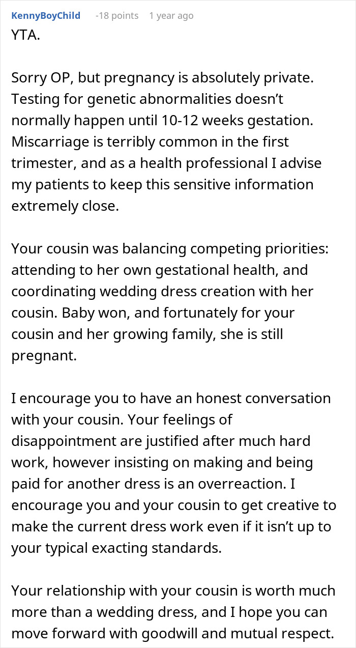 Text conversation about refusing a second wedding dress for free, causing family feud.