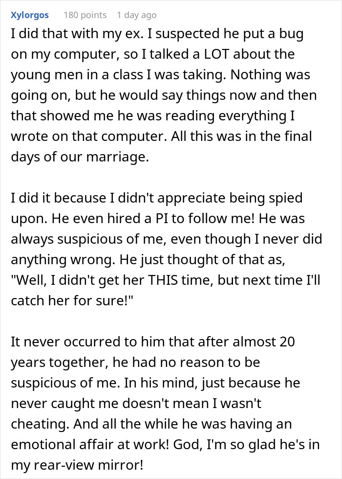 Text from Reddit about a woman discussing her ex, mentioning suspicion of being spied on and an emotional affair. Text from Reddit about a woman discussing her ex, mentioning suspicion of being spied on and an emotional affair.