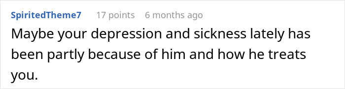 Comment discussing relationship issues and treatment, linked to a woman's Europe trip and money demands from a boyfriend.