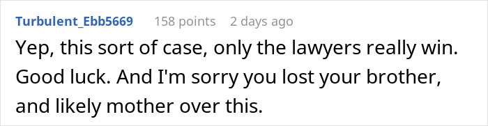 Reddit comment discussing a family feud over a heirloom and court case.