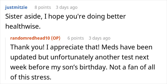 Reddit comments discussing stress and health, sister involved, major betrayal implied.