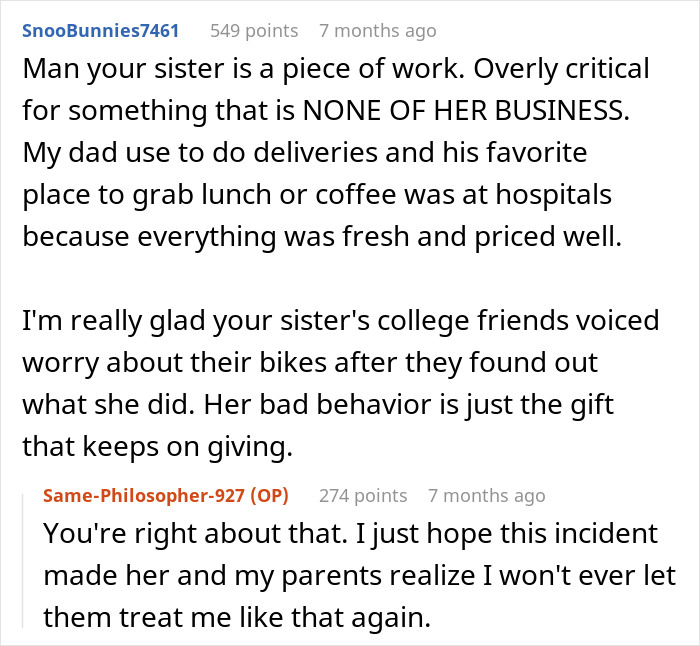 Reddit comments about a woman's spoiled behavior, discussing the repercussions of her actions involving a bike. Reddit comments about a woman's spoiled behavior, discussing the repercussions of her actions involving a bike.