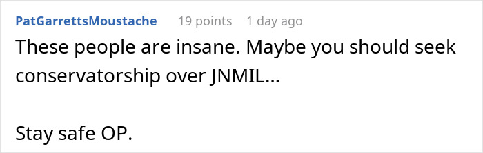 Reddit comment suggesting conservatorship over JNMIL for couple dealing with MIL's schemes.