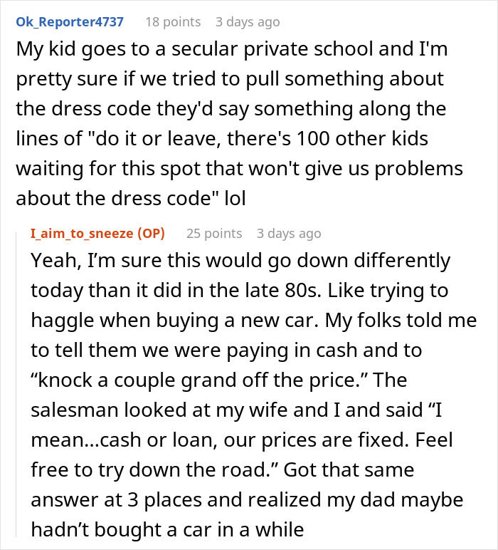 Text exchange discussing school dress code policies and negotiation comparisons. Text exchange discussing school dress code policies and negotiation comparisons.