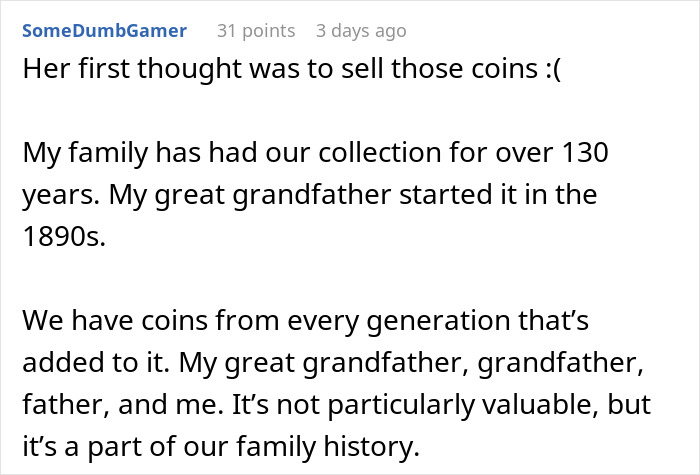 Text post discussing a woman's plan to sell heirloom coins, highlighting family history and heritage. Text post discussing a woman's plan to sell heirloom coins, highlighting family history and heritage.
