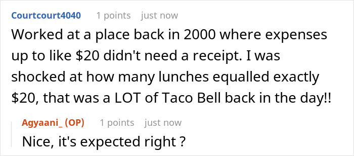 Text exchange about $20 expenses, discussing lunch costs and receipts at work. Text exchange about $20 expenses, discussing lunch costs and receipts at work.