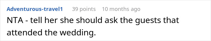 Reddit comment discussing refusal to pay for a friend's wedding due to being uninvited.