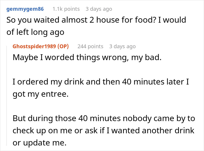 Reddit comments discussing a 40-minute wait at a restaurant before getting served.