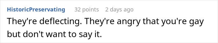 Online comment discussing parental deflection and anger related to coming out.