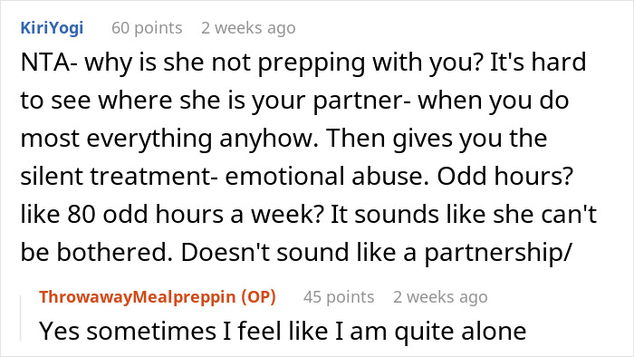 Reddit comments discussing a vegetarian wife upset over meal prep disagreements. Reddit comments discussing a vegetarian wife upset over meal prep disagreements.